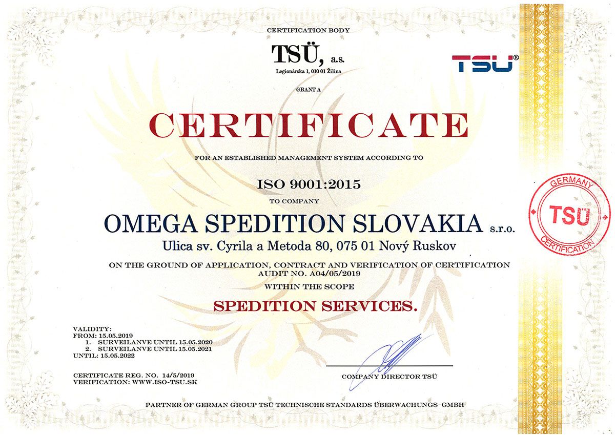 ISO 9001 OMEGA SPEDITION SLOVAKIA s.r.o.